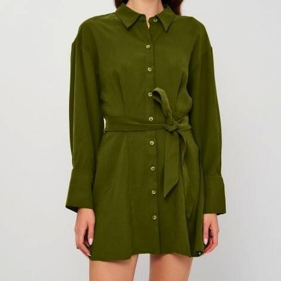 NWT ZARA belted longsleeve button up shirt dress in khaki green - Picture 10 of 10
